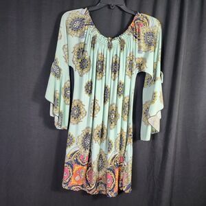 WinWin Tie Sleeve Mint Green Bohemian Medallion Print Mini Dress XL BOHO‎ Hippie